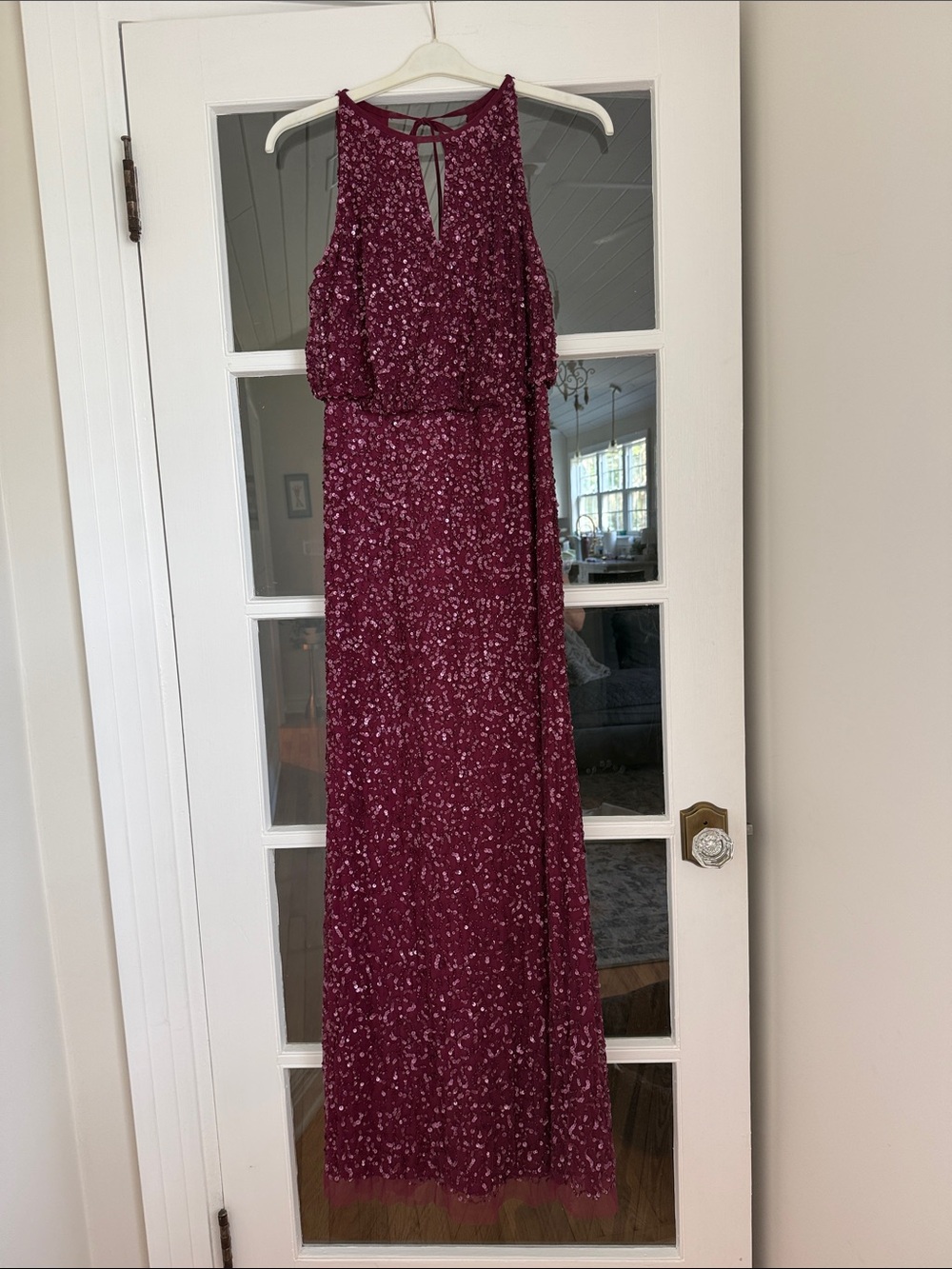 Adrianna Papell Sequin Beaded Halter Blouson Gown, Black Cherry, Sz 4